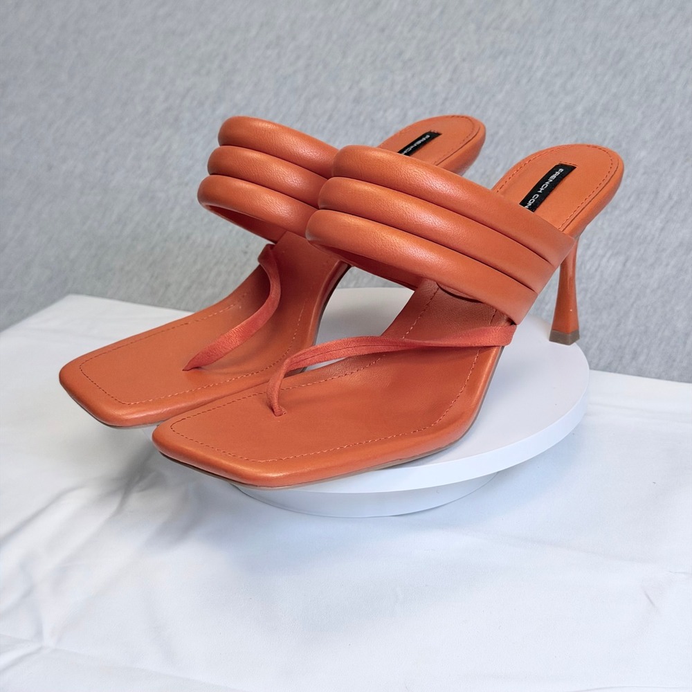 French Connection Valeri Orange Padded Vegan Leather Thong Heel Sandals 9.5
